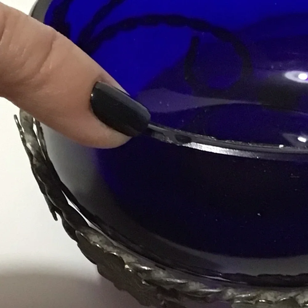 Vintage Cobalt Blue Glass Condiment‎ Dish In Metal Carrier made in England